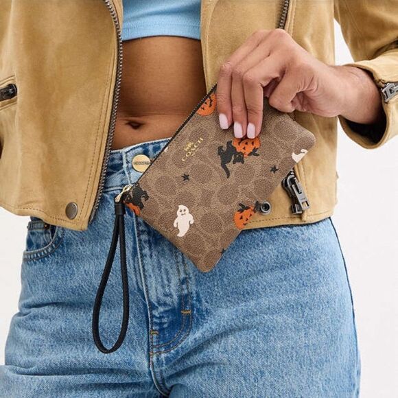 Corner Zip Wristlet In Signature Canvas With Halloween Graphic Wallet Bag Purse - Picture 10 of 10